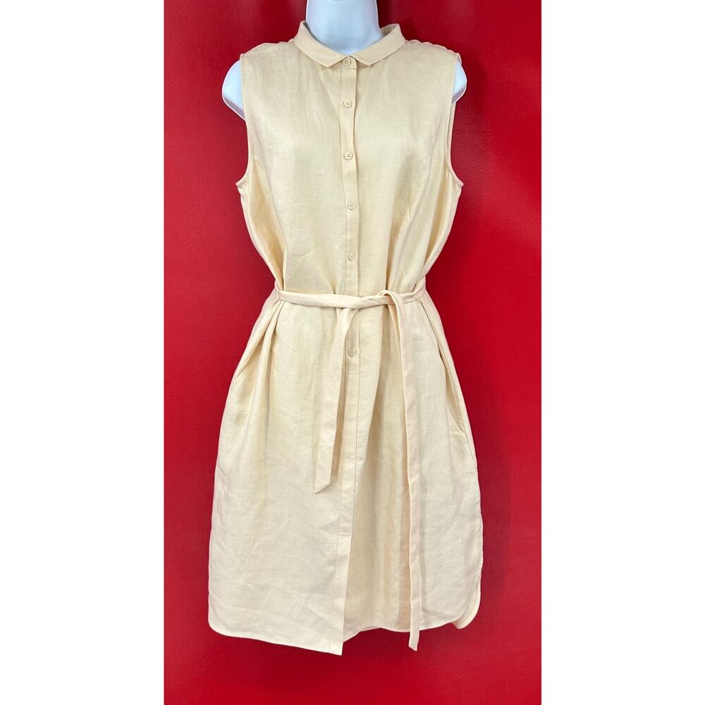 Lafayette 148 NY 100% Linen Cornsilk Lined Sleeveless Belted Dress Size 12 NWT